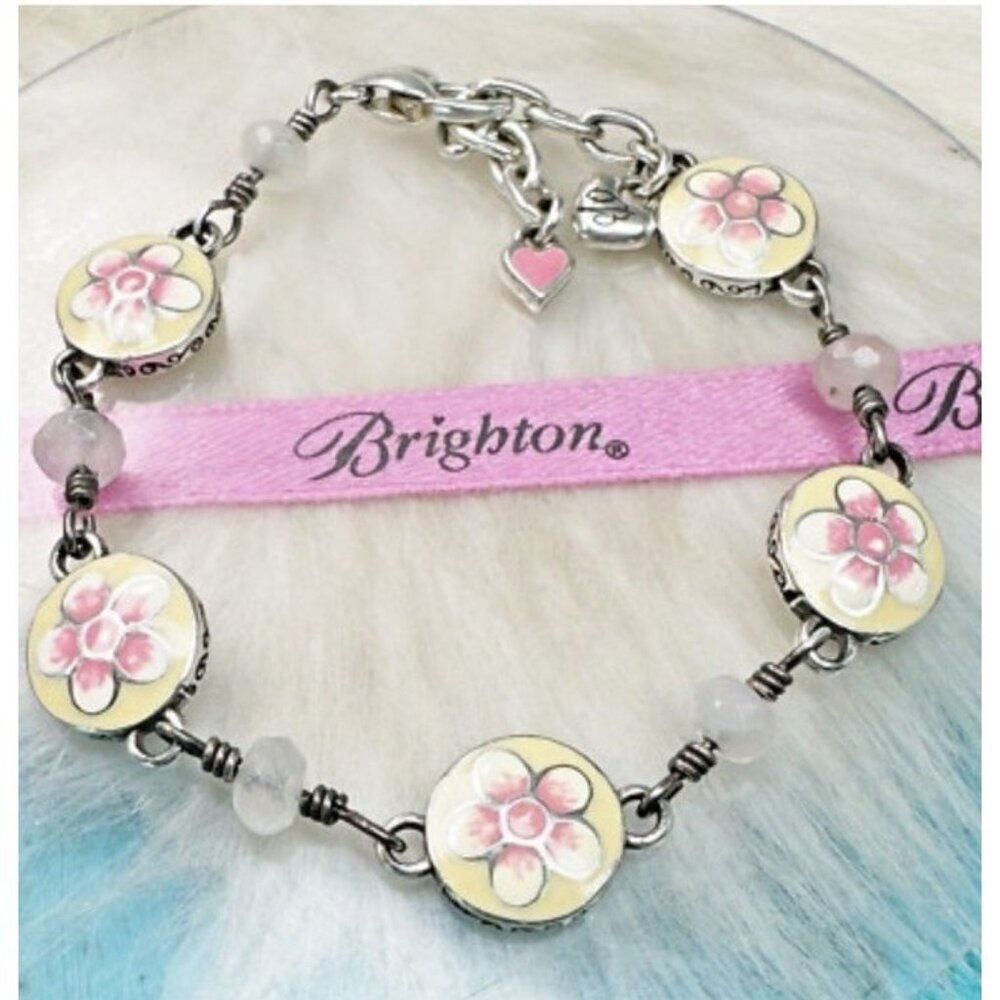 Brighton Spring Fever Rose Quartz Pink Flower Yellow Silver Plate Bracelet